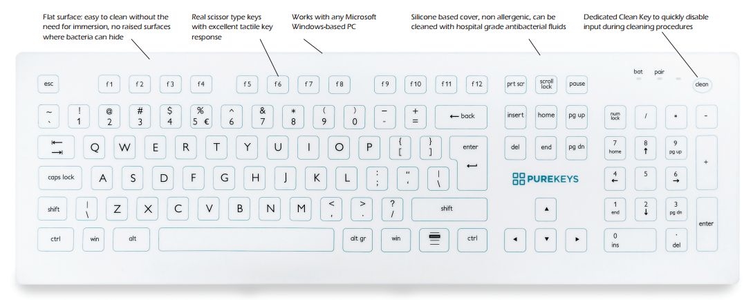 Purekeys hygiënisch cleanroom toetsenbord - draadloos